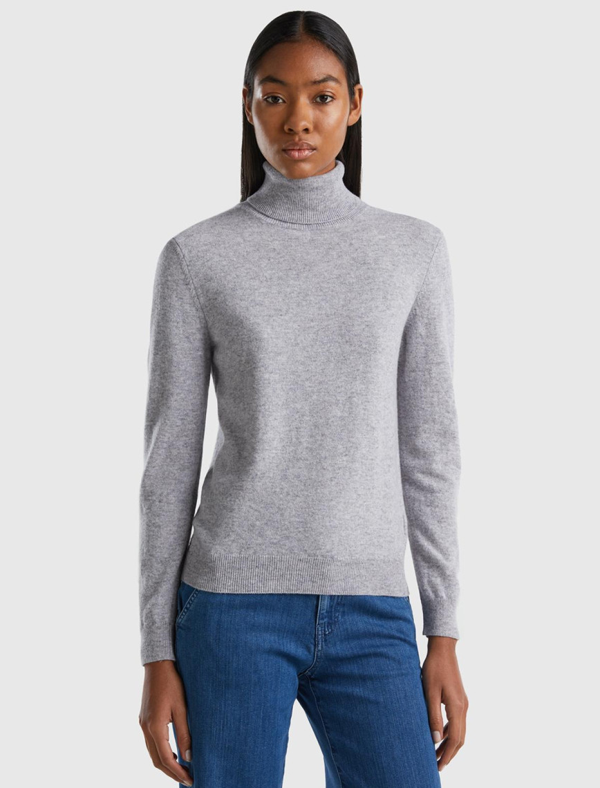 Kadın Antrasit Melanj Dik Yaka %100 Merino Kazak