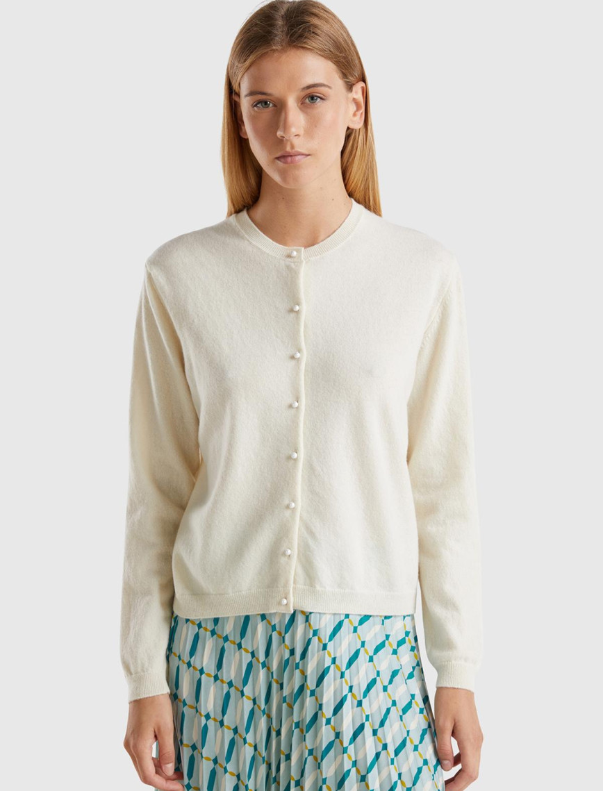 Kadın Krem Bisiklet Yaka %İnci Düğmeli Merino Hırka