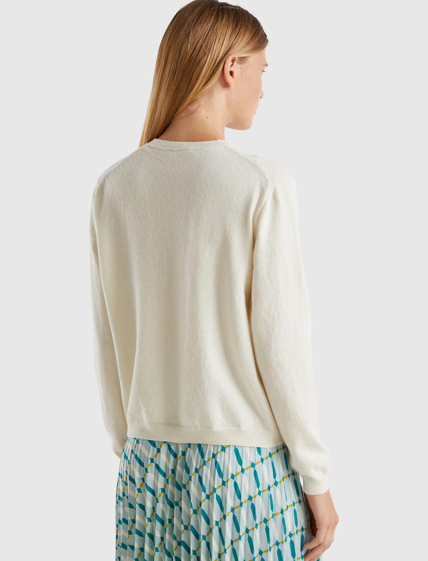 Kadın Krem Bisiklet Yaka %İnci Düğmeli Merino Hırka