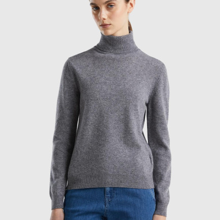 Kadın Antrasit Melanj Dik Yaka %100 Merino Kazak