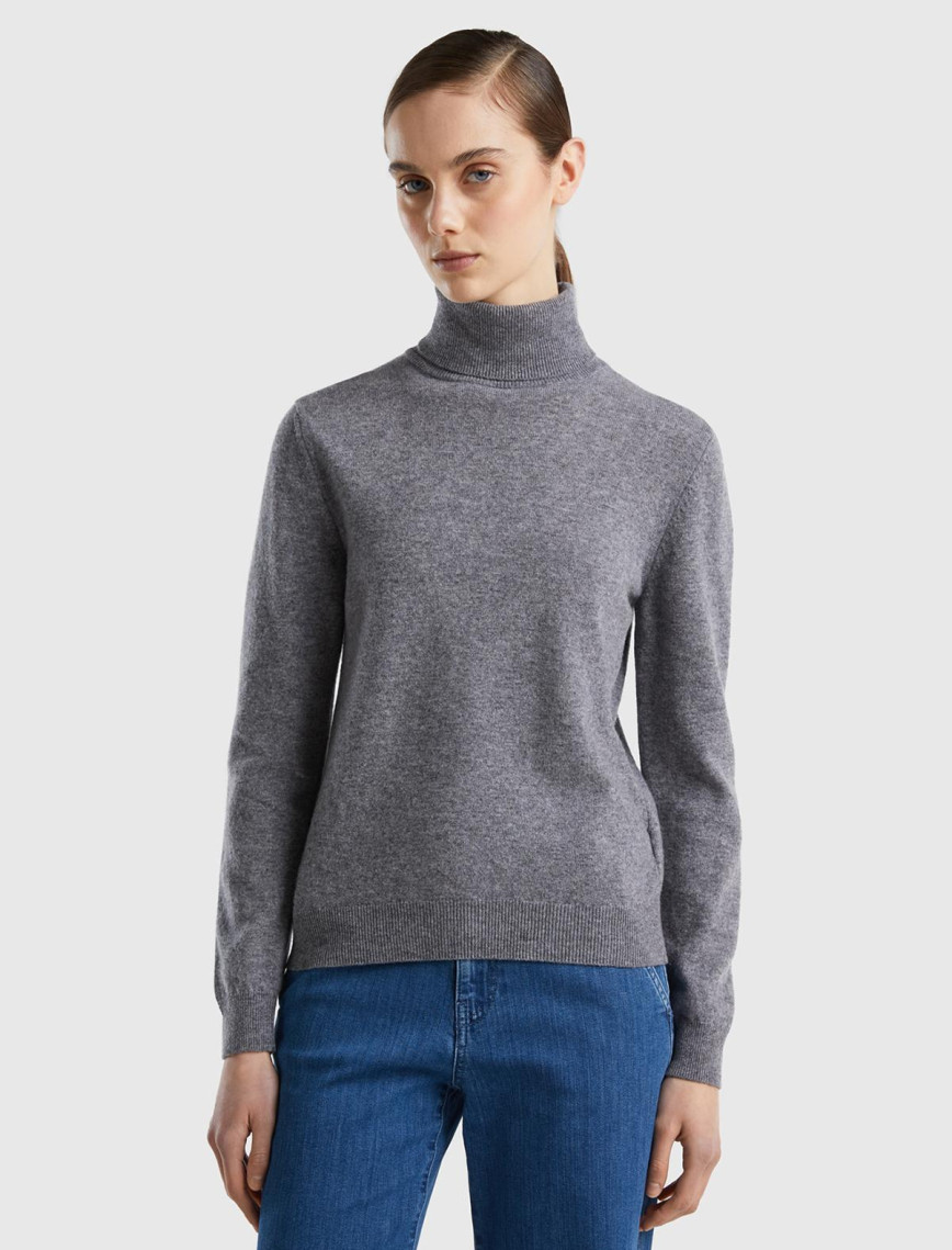 Kadın Antrasit Melanj Dik Yaka %100 Merino Kazak