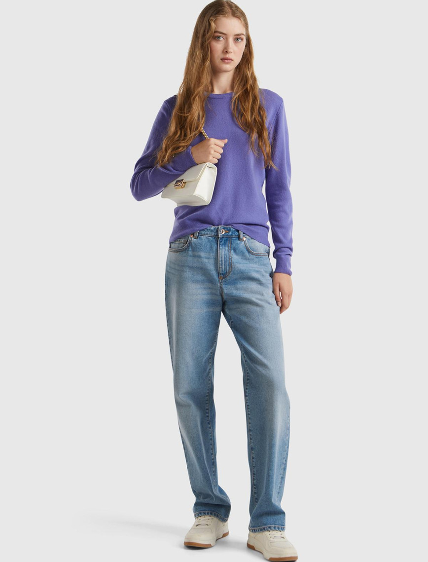 Kadın Mor Bisiklet Yaka %100 Merino Kazak