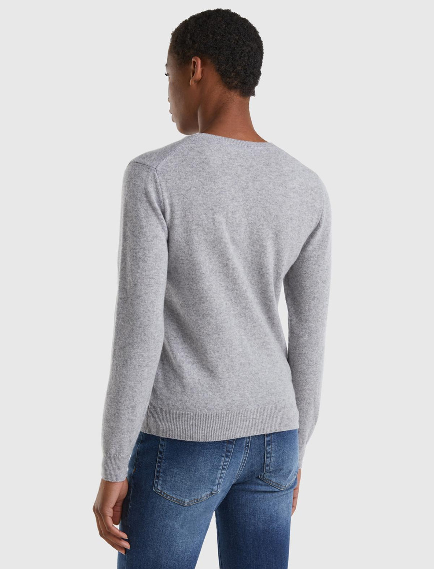 Kadın Gri Melanj Bisiklet Yaka %100 Merino Kazak