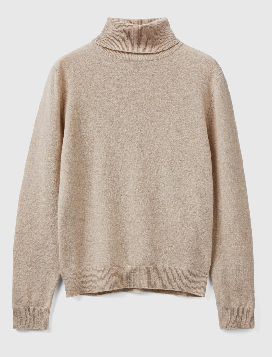 Kadın Bej Melanj Dik Yaka %100 Merino Kazak