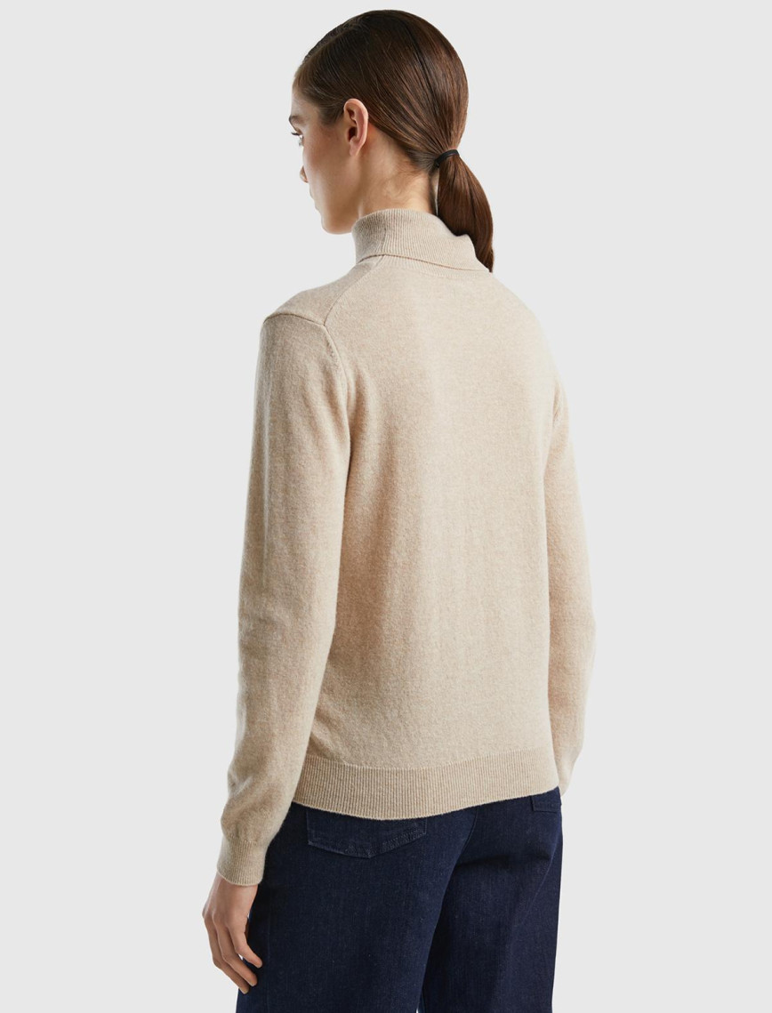 Kadın Bej Melanj Dik Yaka %100 Merino Kazak