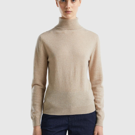 Kadın Bej Melanj Dik Yaka %100 Merino Kazak