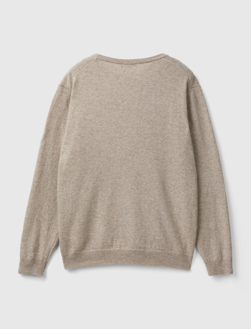 Erkek Bej Melanj Bisiklet Yaka %100 Merino Kazak