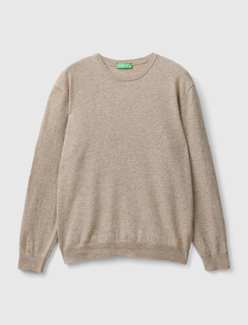 Erkek Bej Melanj Bisiklet Yaka %100 Merino Kazak