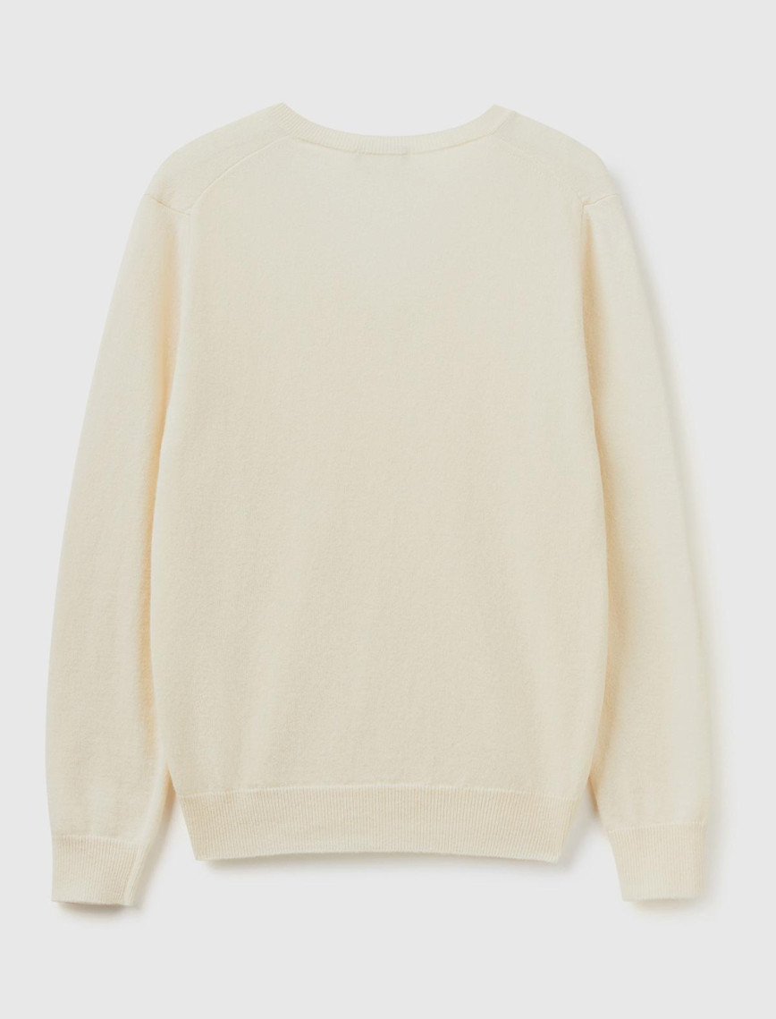 Kadın Krem V Yaka %100 Merino Kazak