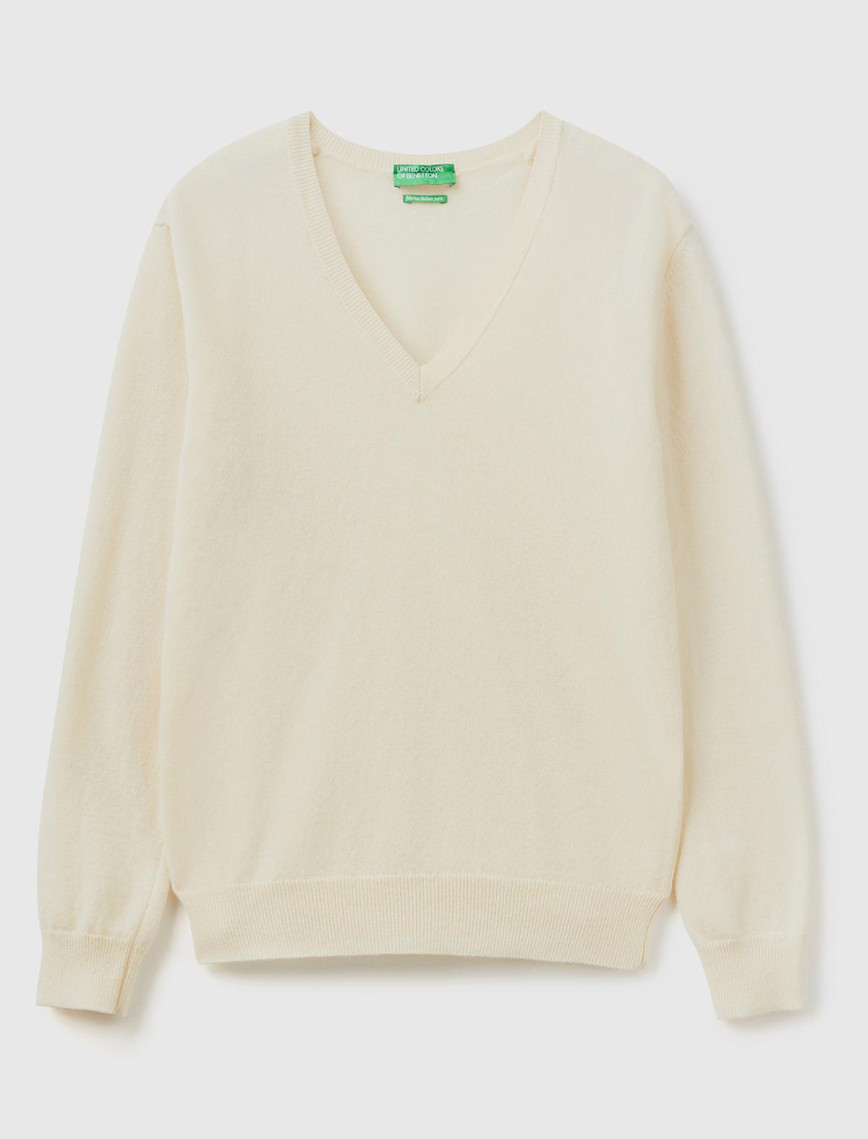 Kadın Krem V Yaka %100 Merino Kazak