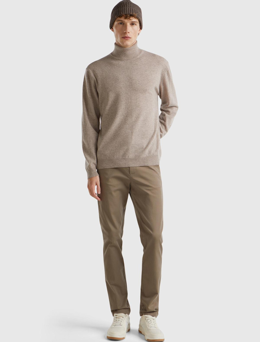 Erkek Bej Melanj Boğazlı %100 Merino Kazak