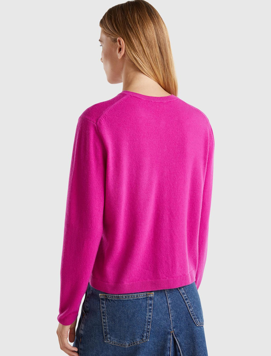 Kadın Fuşya Bisiklet Yaka %İnci Düğmeli Merino Hırka