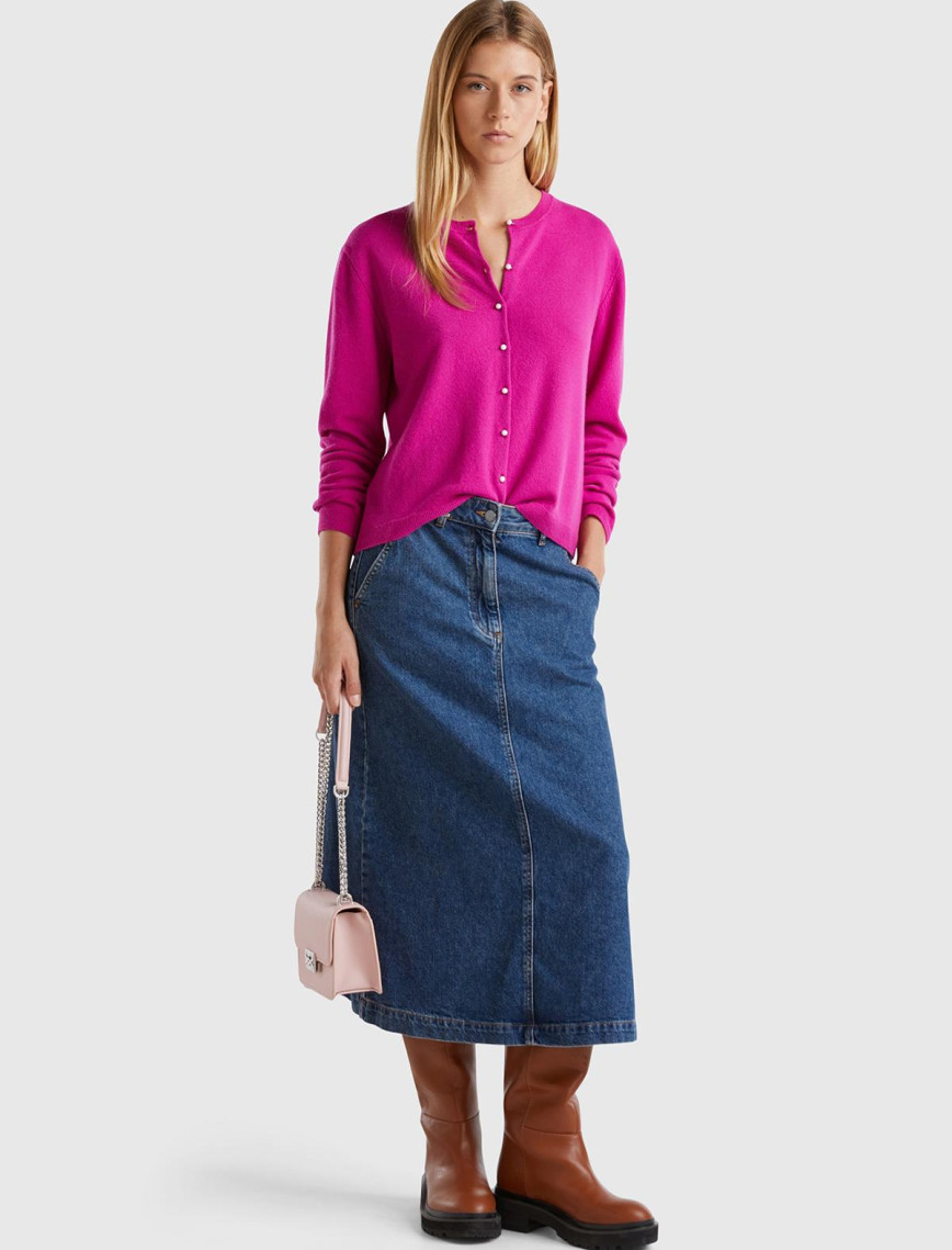 Kadın Fuşya Bisiklet Yaka %İnci Düğmeli Merino Hırka