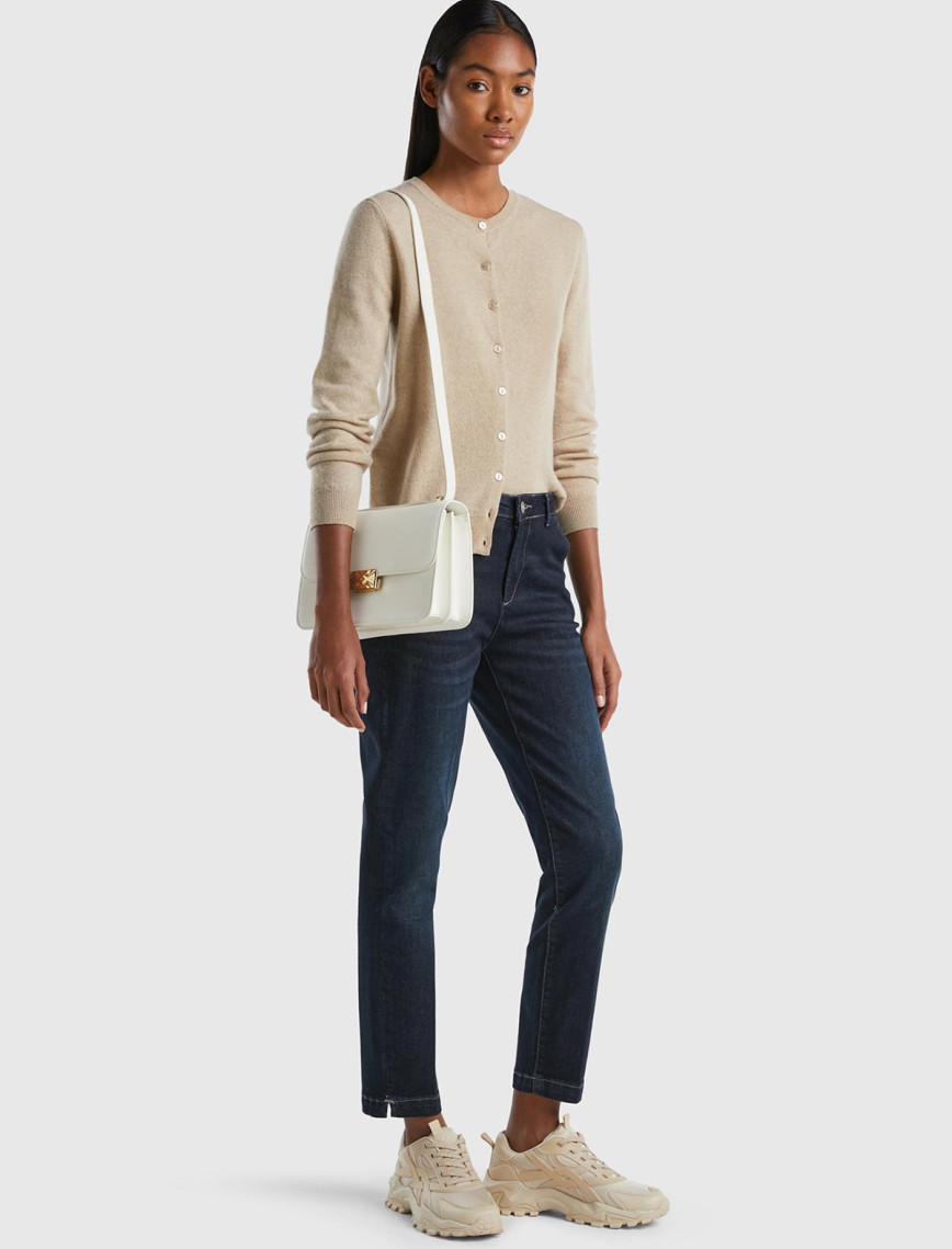 Kadın Bej Melanj Bisiklet Yaka %100 Merino Hırka