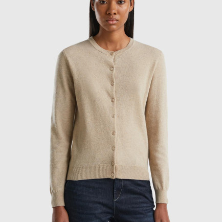 Kadın Bej Melanj Bisiklet Yaka %100 Merino Hırka