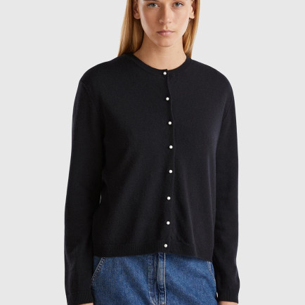 Kadın Siyah Bisiklet Yaka %İnci Düğmeli Merino Hırka