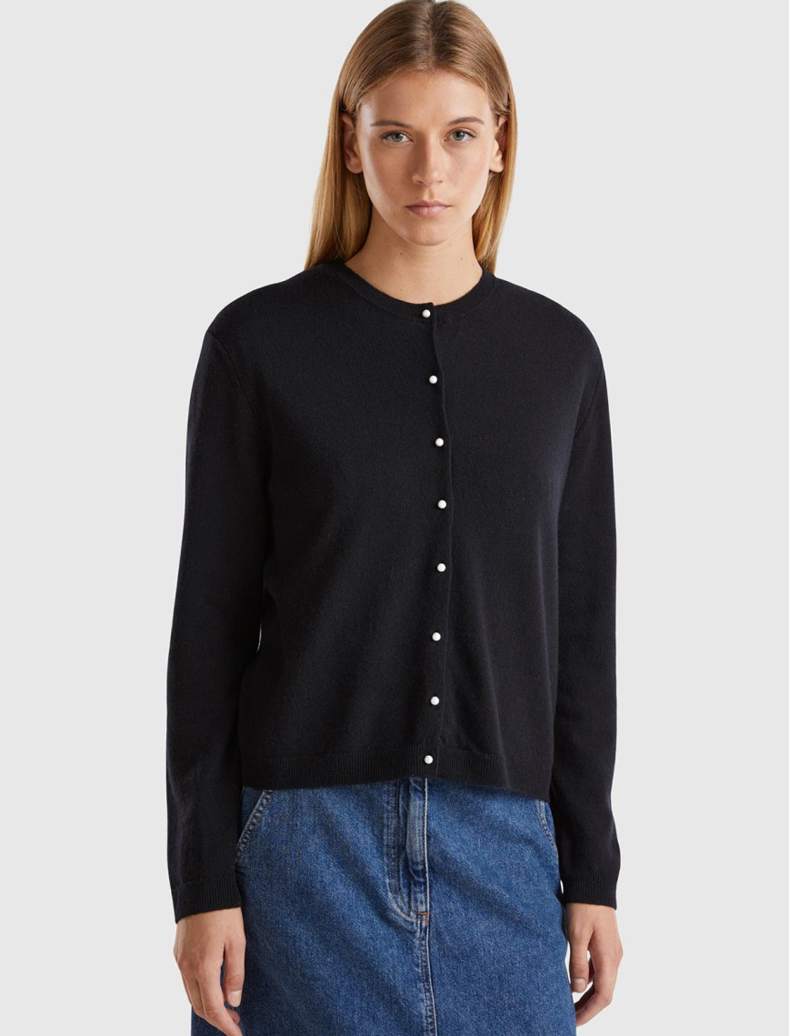 Kadın Krem Bisiklet Yaka %İnci Düğmeli Merino Hırka