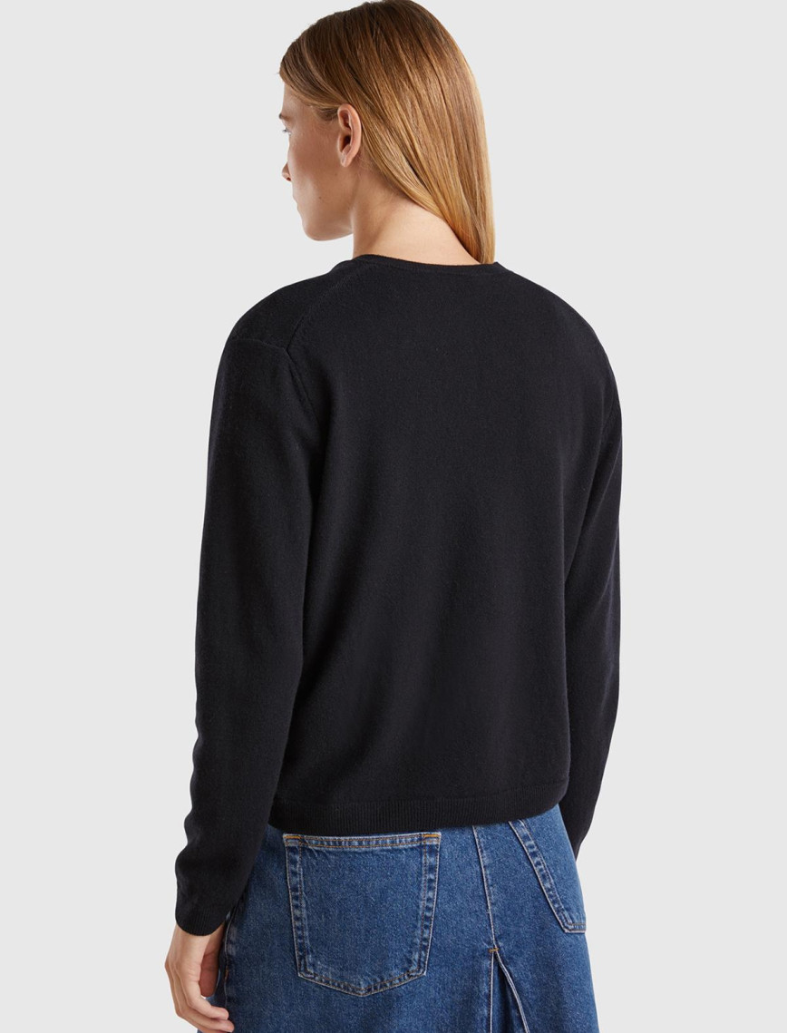 Kadın Siyah Bisiklet Yaka %İnci Düğmeli Merino Hırka