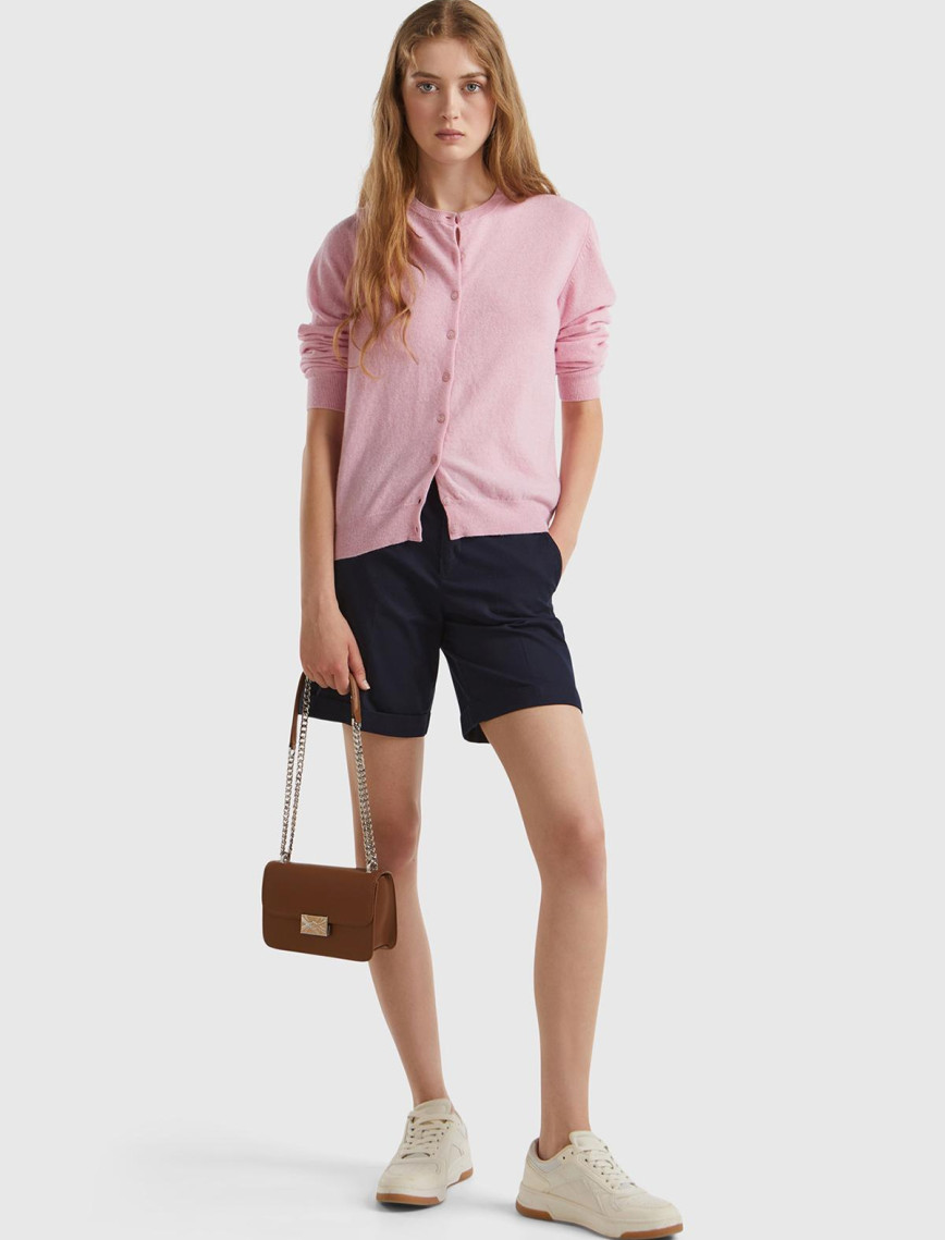 Kadın Pembe Bisiklet Yaka %100 Merino Hırka