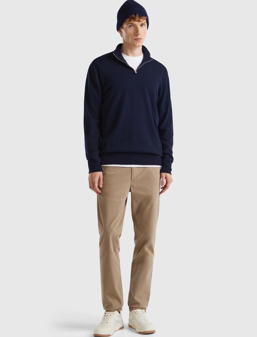 Erkek Lacivert Dik Yaka Yarım Fermuarlı %100 Merino Kazak Erkek Lacivert Dik Yaka Yarım Fermuarlı %100 Merino Kazak