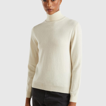 Kadın Krem Dik Yaka %100 Merino Kazak