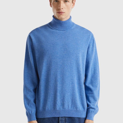Erkek Mavi Melanj Boğazlı %100 Merino Kazak Erkek Mavi Melanj Boğazlı %100 Merino Kazak