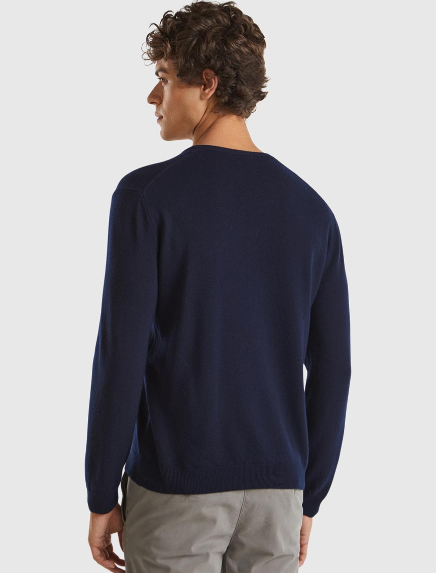 Erkek Lacivert V Yaka %100 Merino Kazak