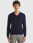 Erkek Lacivert V Yaka %100 Merino Kazak