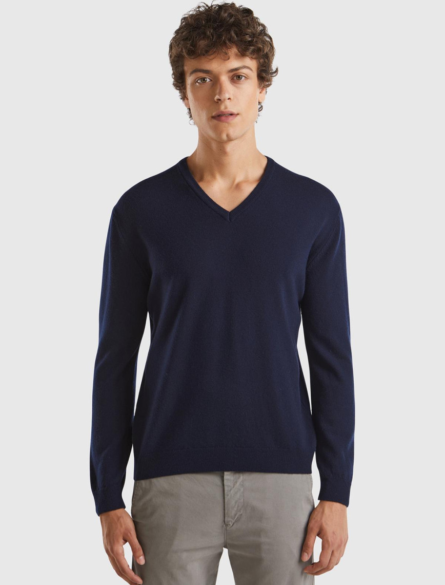 Erkek Lacivert V Yaka %100 Merino Kazak