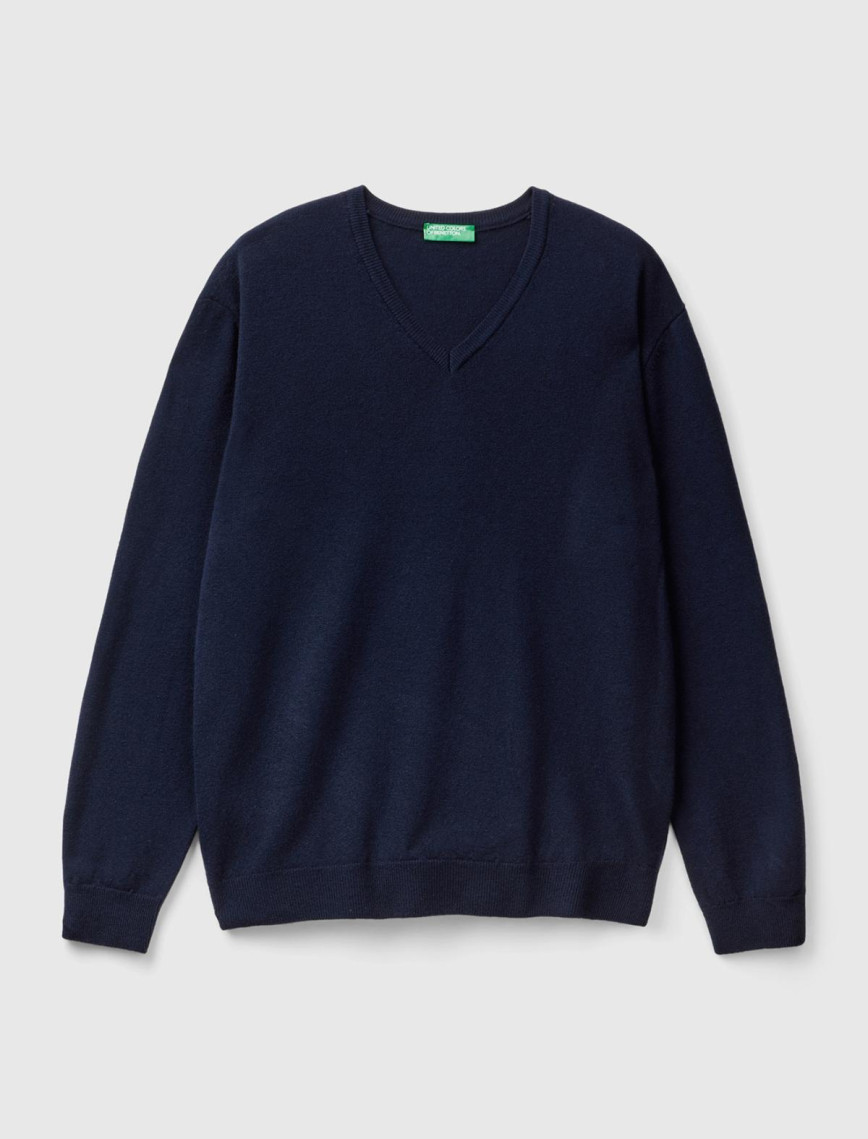 Erkek Lacivert V Yaka %100 Merino Kazak