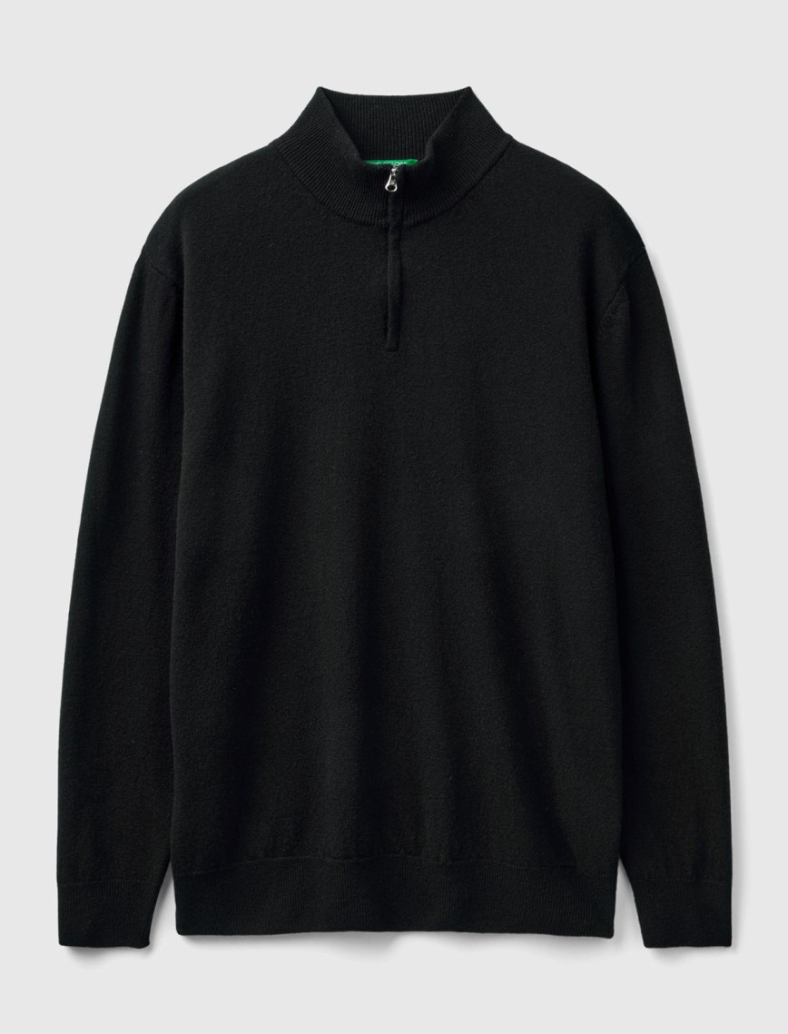 Erkek Siyah Dik Yaka Yarım Fermuarlı %100 Merino Kazak Erkek Siyah Dik Yaka Yarım Fermuarlı %100 Merino Kazak