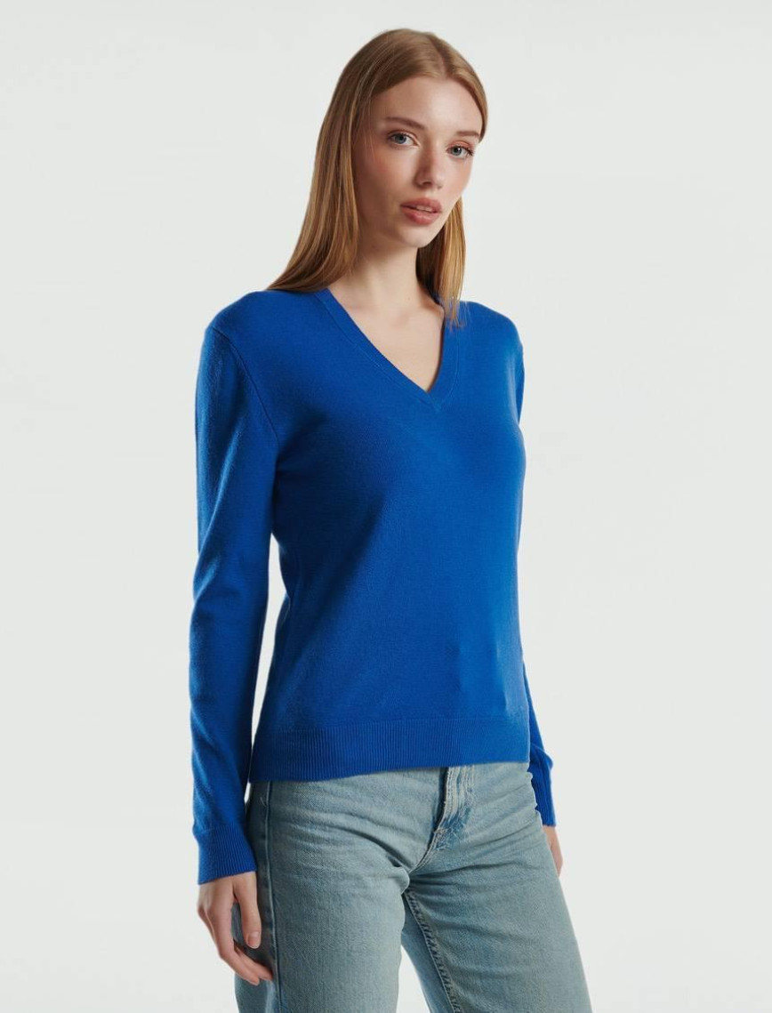 Kadın Gece Mavisi V Yaka %100 Merino Kazak
