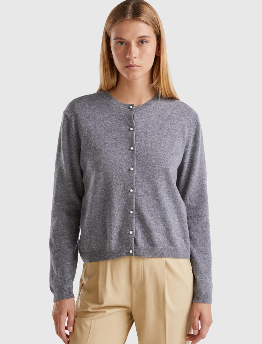 Kadın Krem Bisiklet Yaka %İnci Düğmeli Merino Hırka