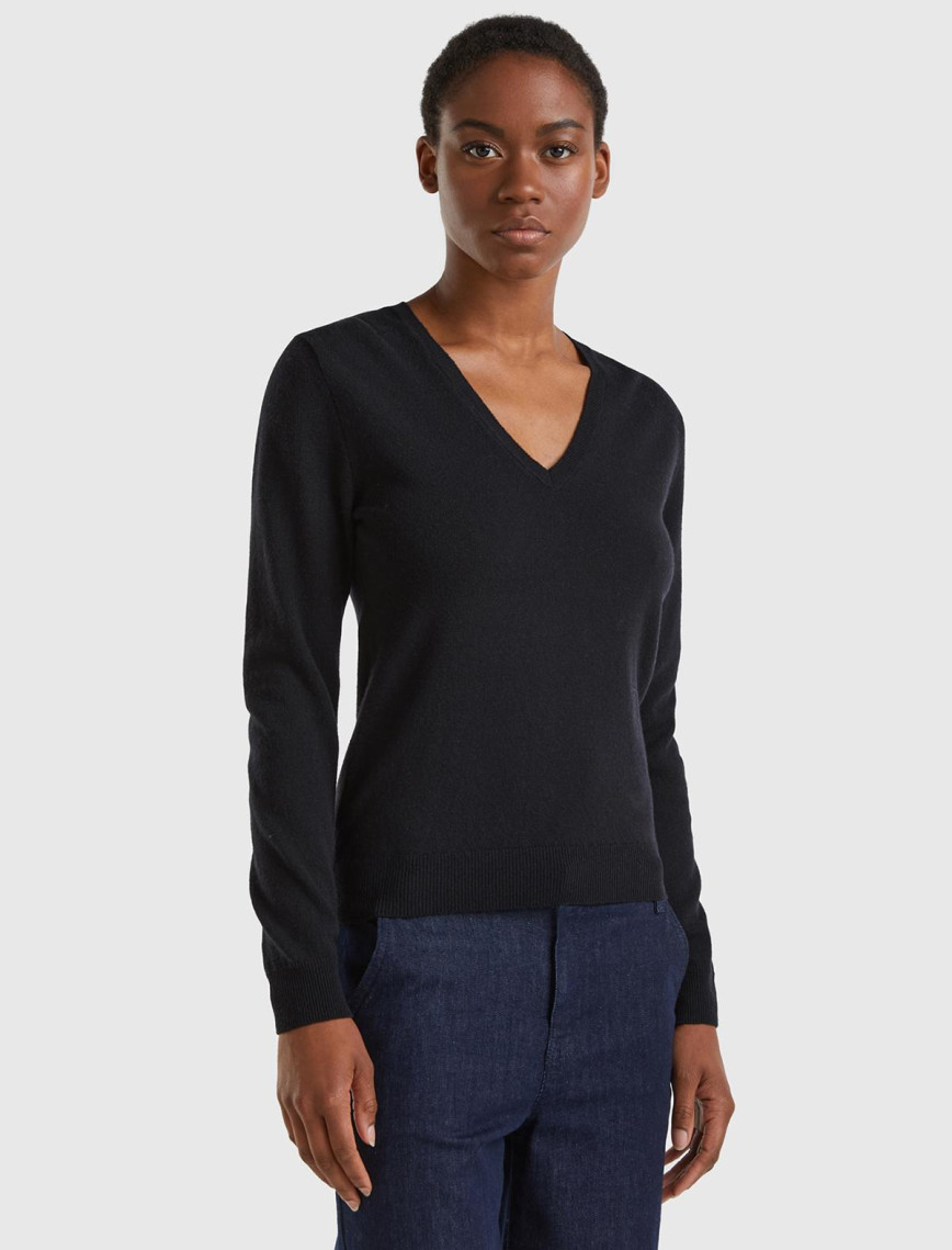 Kadın Pembe V Yaka %100 Merino Kazak