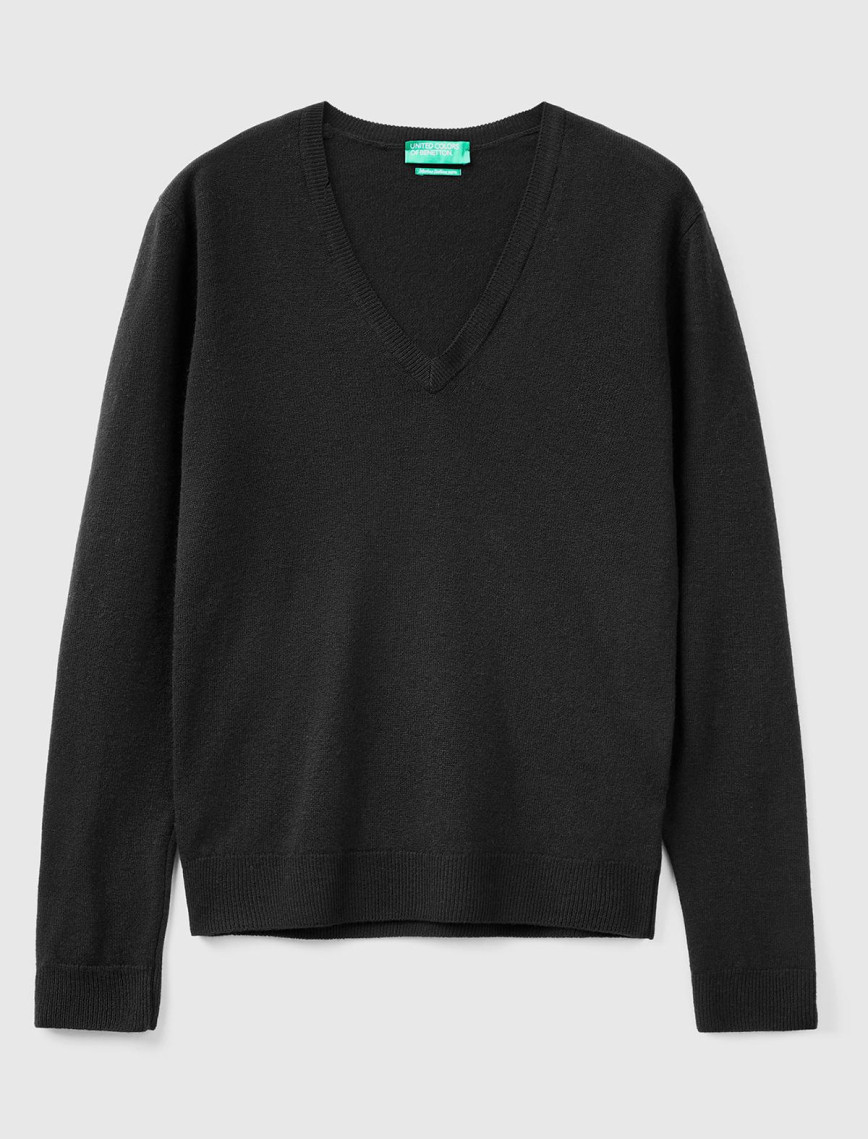 Kadın Siyah V Yaka %100 Merino Kazak