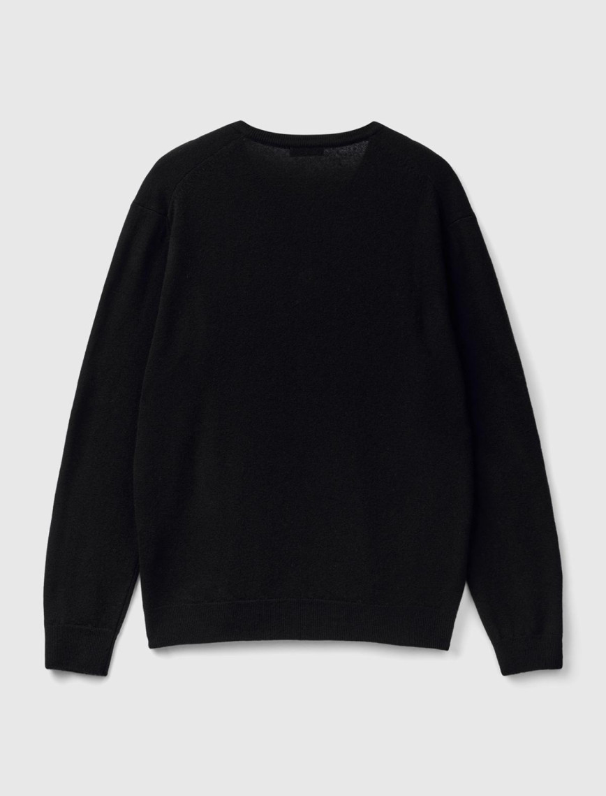 Erkek Siyah V Yaka %100 Merino Kazak