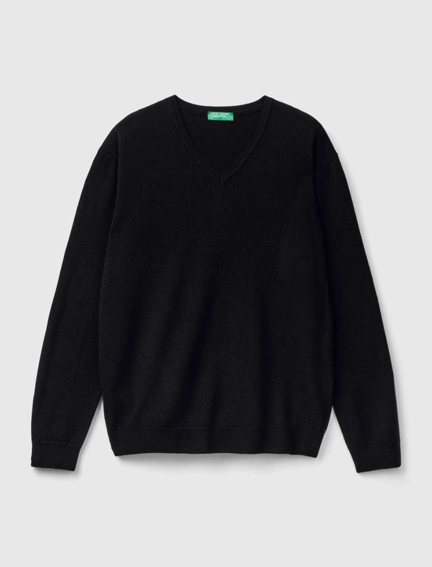 Erkek Siyah V Yaka %100 Merino Kazak