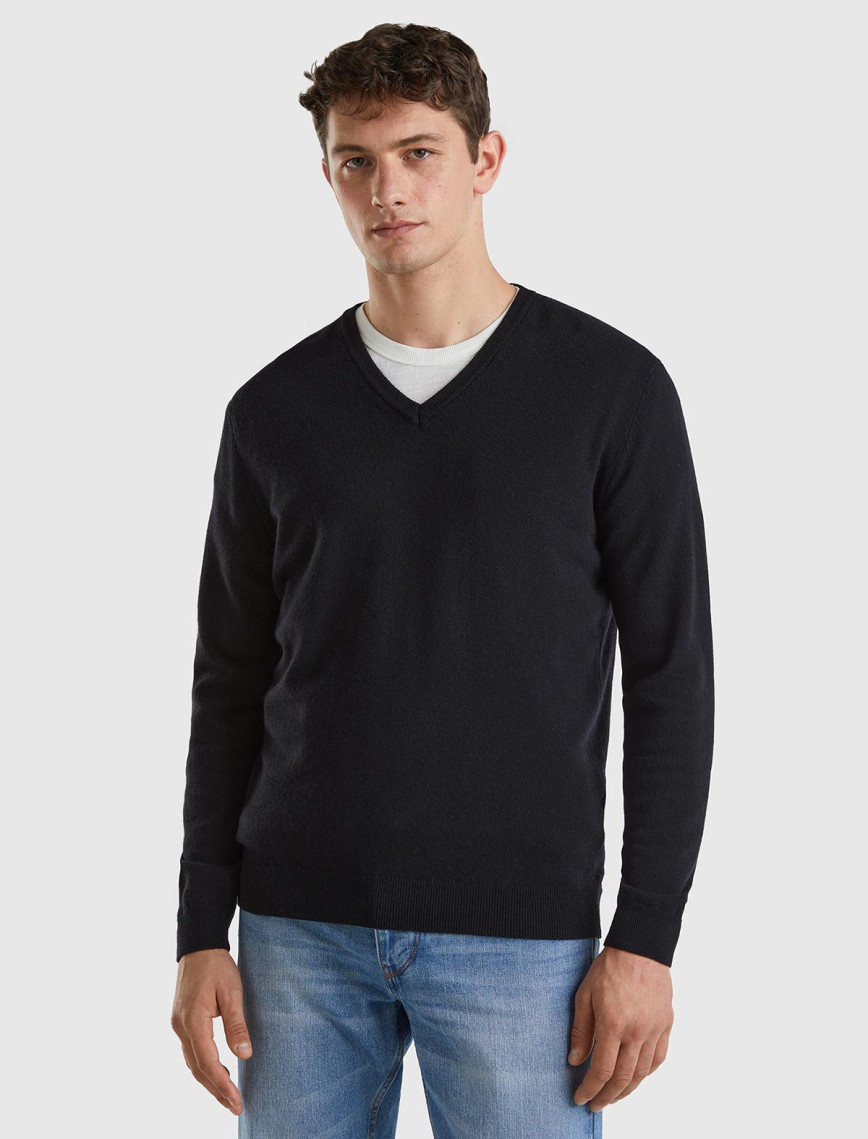 Erkek Lacivert V Yaka %100 Merino Kazak