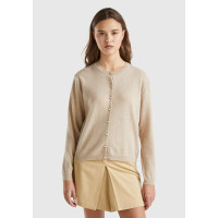 Kadın Bej Melanj Bisiklet Yaka %İnci Düğmeli Merino Hırka