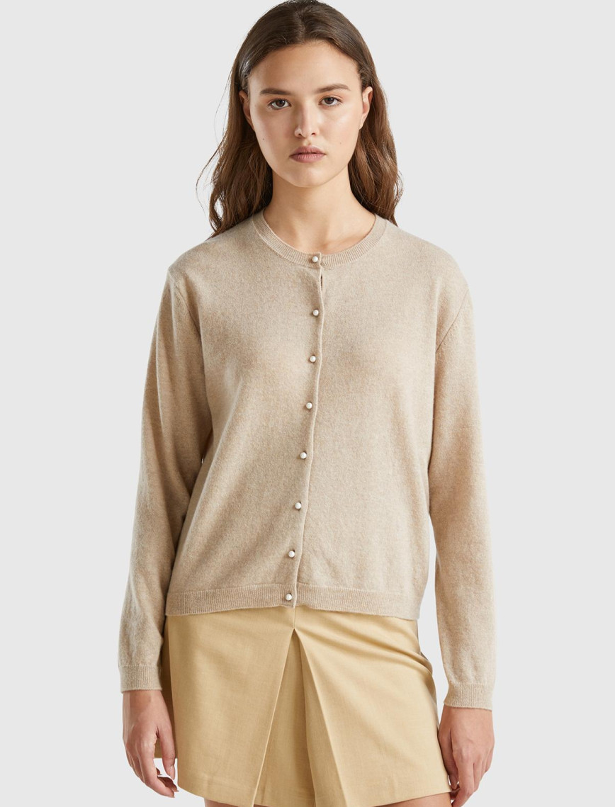 Kadın Krem Bisiklet Yaka %İnci Düğmeli Merino Hırka