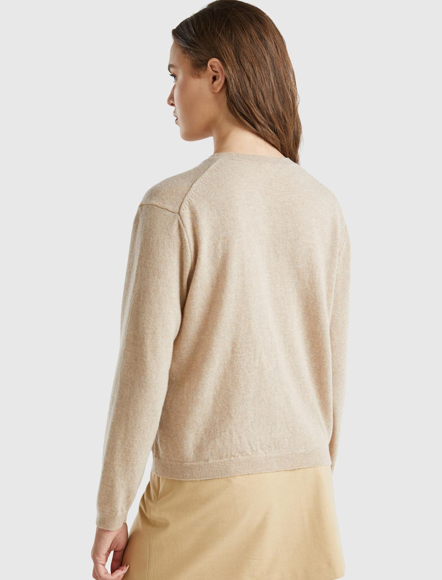 Kadın Bej Melanj Bisiklet Yaka %İnci Düğmeli Merino Hırka