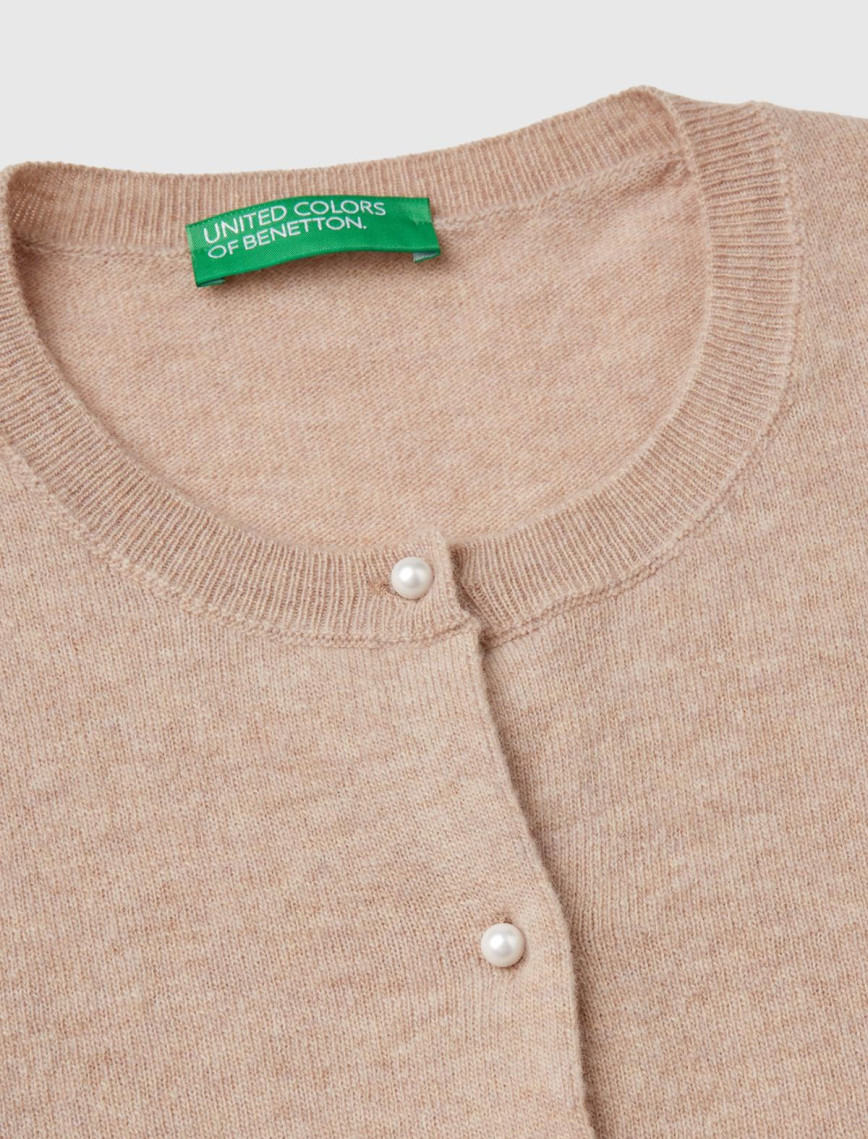 Kadın Bej Melanj Bisiklet Yaka %İnci Düğmeli Merino Hırka