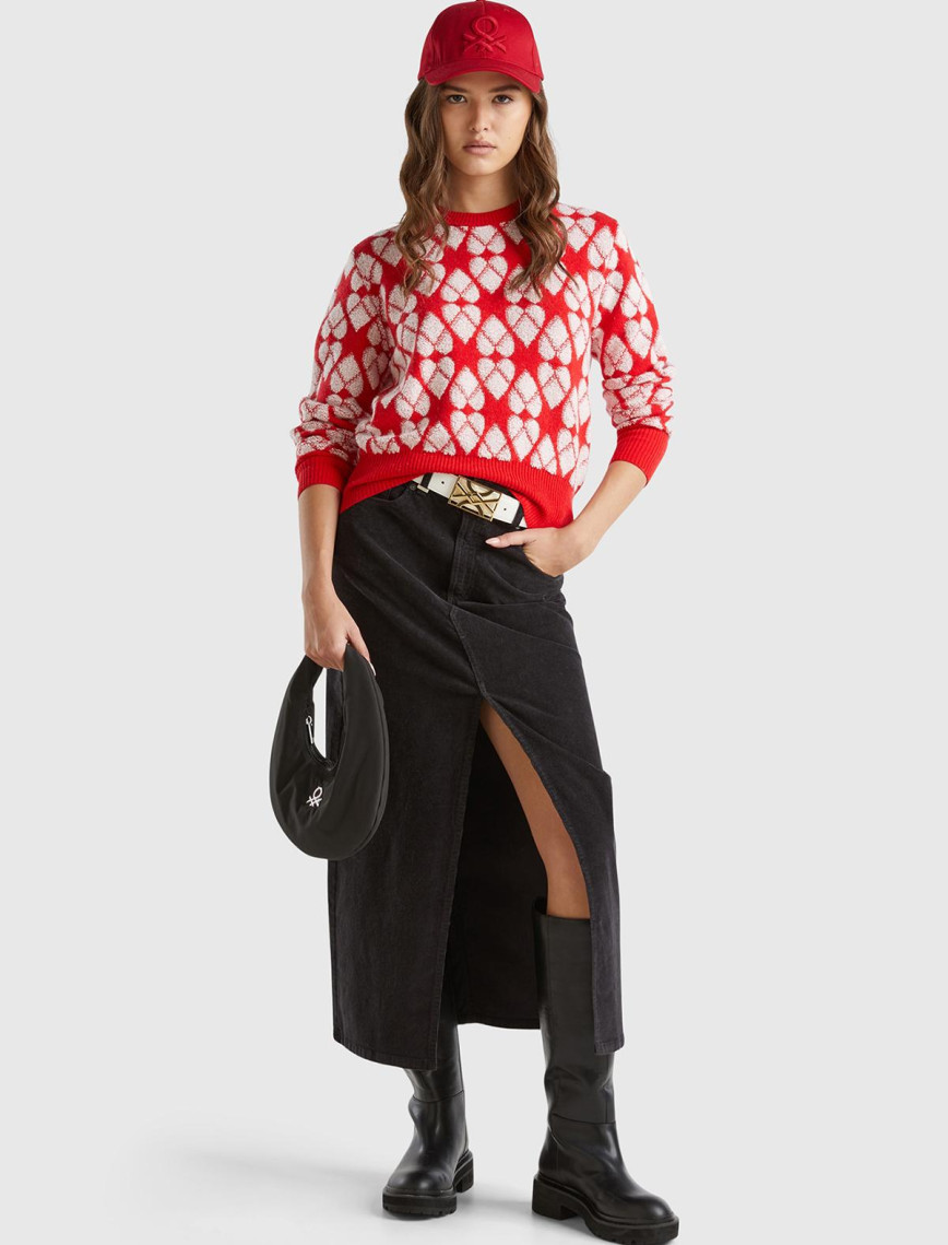 Kadın Kırmızı Yün ve Kaşmir Karışımlı İki Renkli Yuvarlak Yaka Kazak Kadın Kırmızı Yün ve Kaşmir Karışımlı İki Renkli Yuvarlak Yaka Kazak