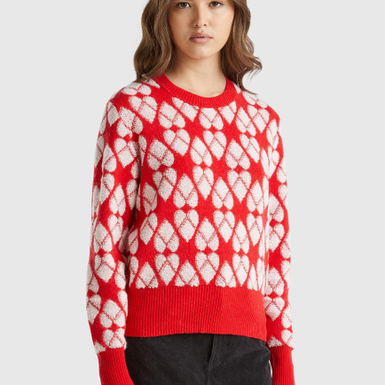 Kadın Kırmızı Yün ve Kaşmir Karışımlı İki Renkli Yuvarlak Yaka Kazak