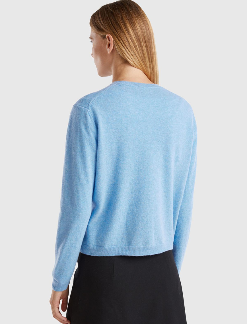 Kadın Mavi Melanj Bisiklet Yaka %İnci Düğmeli Merino Hırka