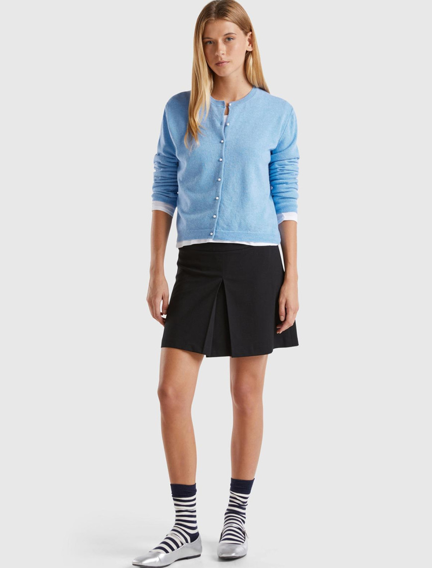 Kadın Mavi Melanj Bisiklet Yaka %İnci Düğmeli Merino Hırka