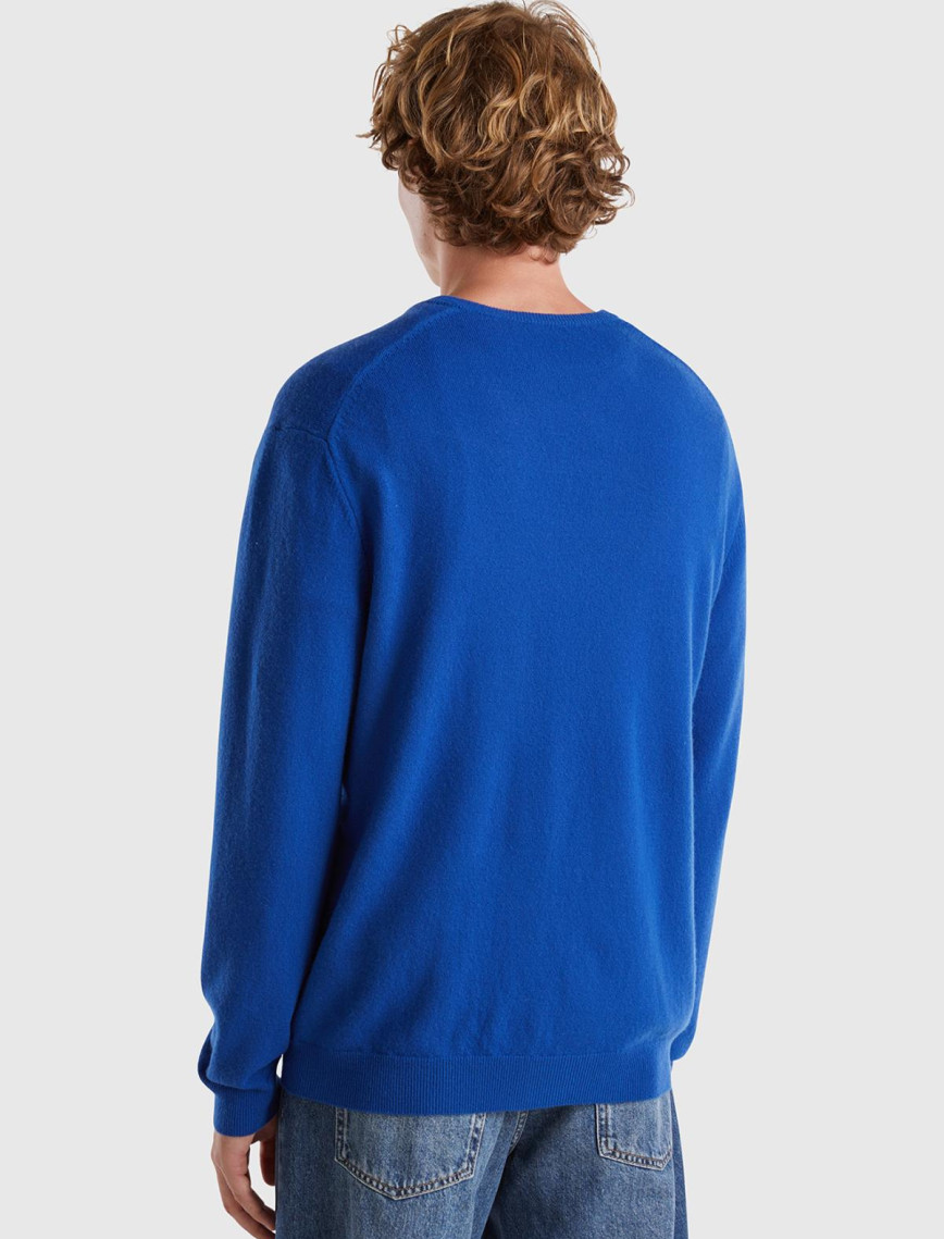 Erkek Koyu Mavi V Yaka %100 Merino Kazak