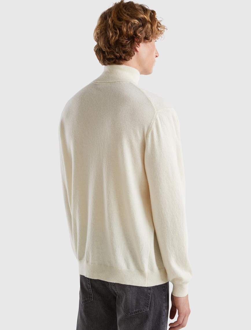 Erkek Krem Boğazlı %100 Merino Kazak