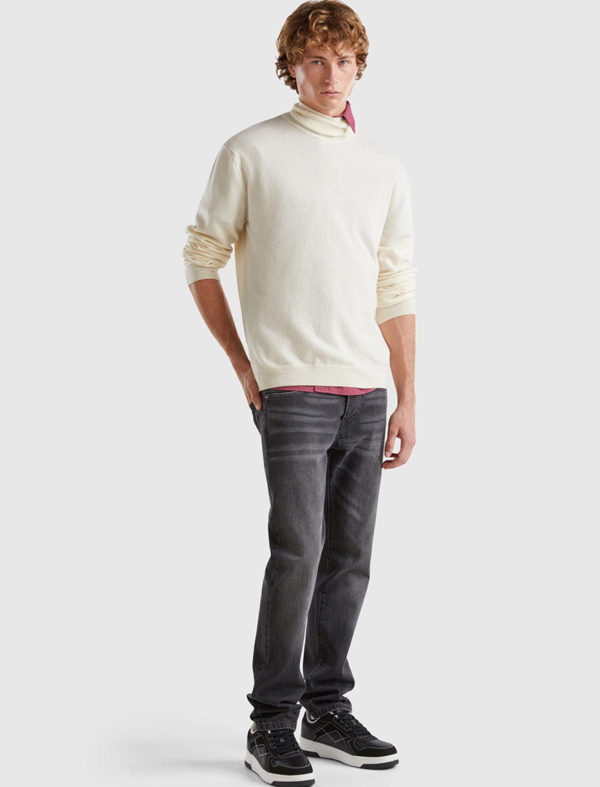 Erkek Krem Boğazlı %100 Merino Kazak