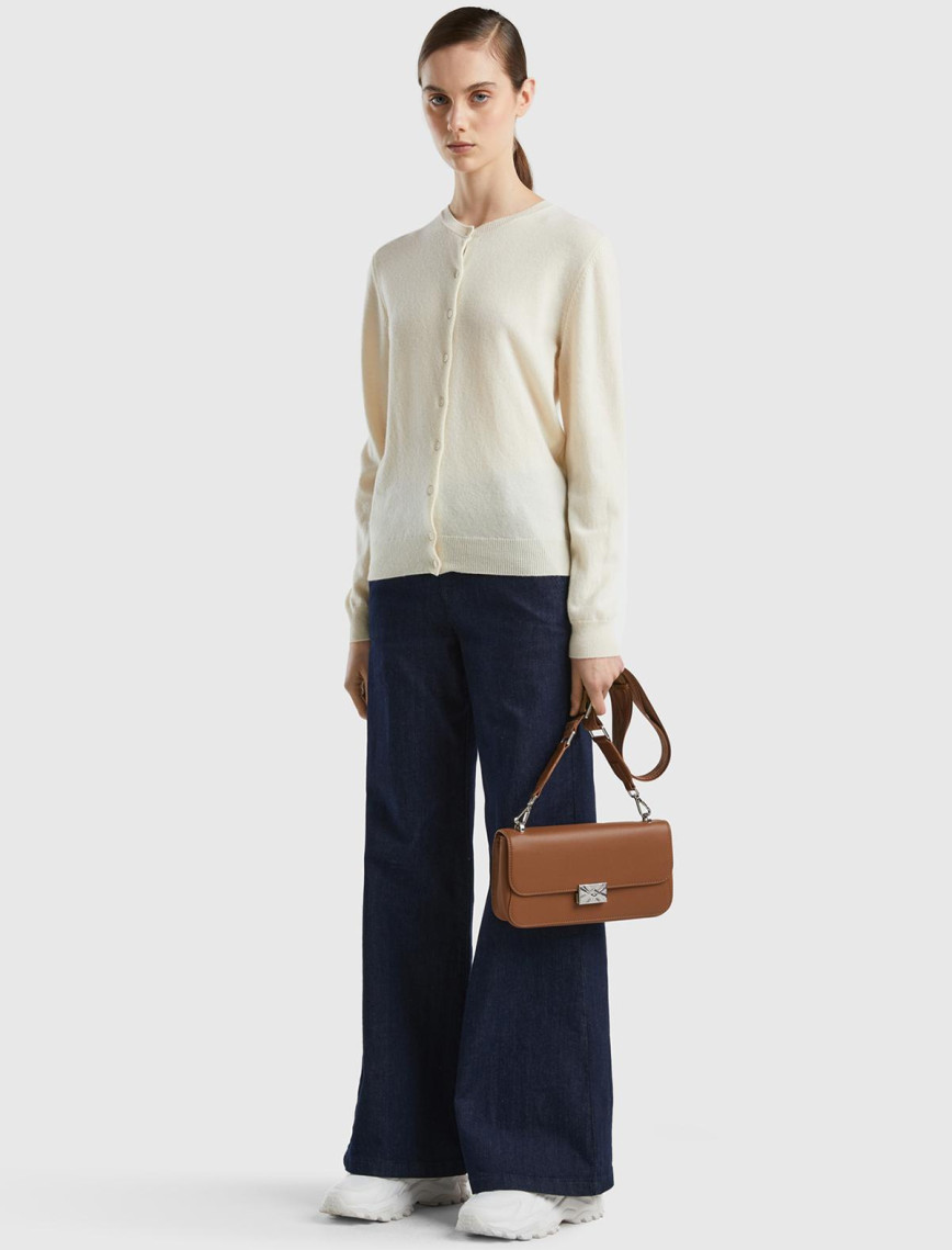 Kadın Krem Bisiklet Yaka %100 Merino Hırka